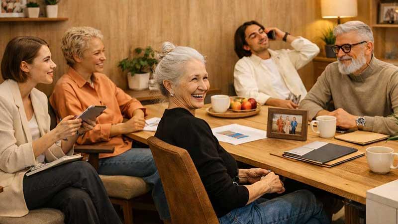 Family members gathered around a table in a warm office setting, smiling and sharing documents during a relaxed work meeting.