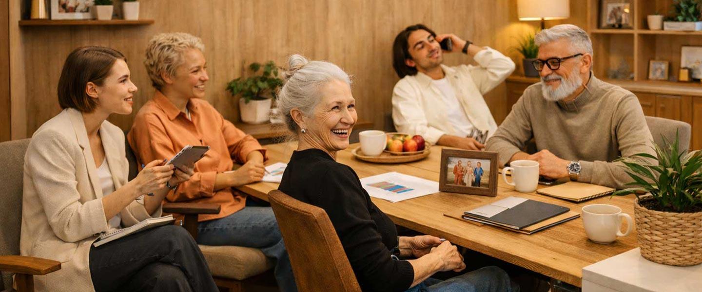 Family business members discussing strategy during a collaborative meeting.